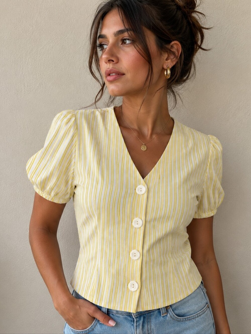 Valija Yellow Striped Button-Front Women’s Shirt